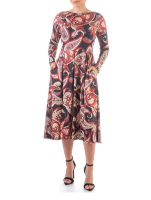 24seven Comfort Apparel Red Paisley Long Sleeve Pleated Pocket Midi Dress belk