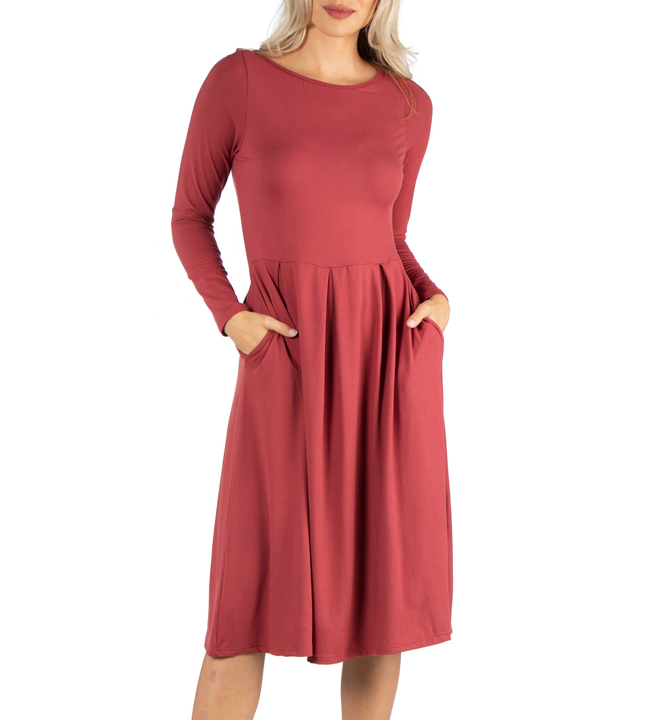 Womens Midi Length Fit-and-Flare Pocket Dress