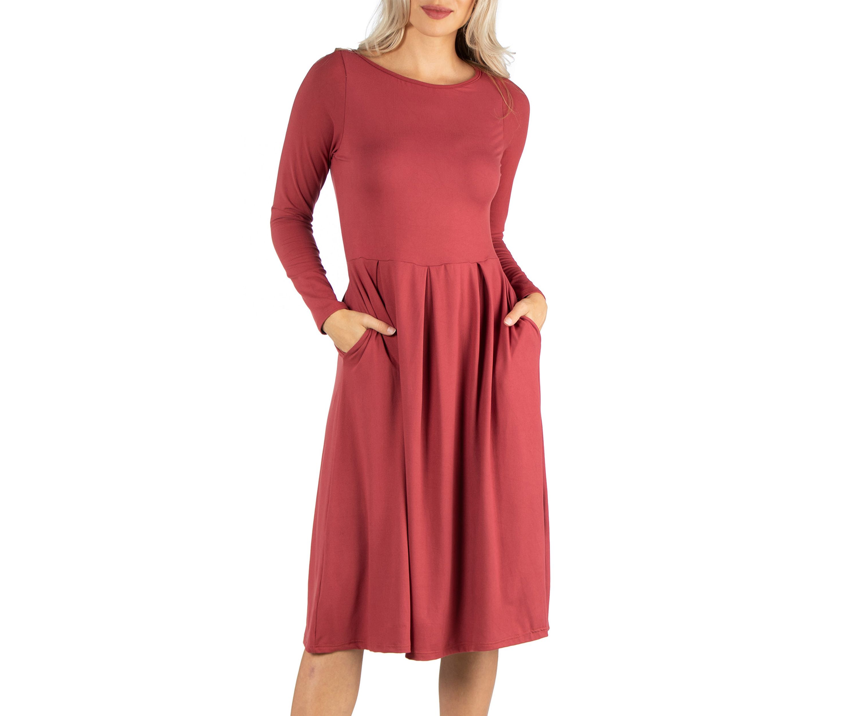 Womens Midi Length Fit-and-Flare Pocket Dress