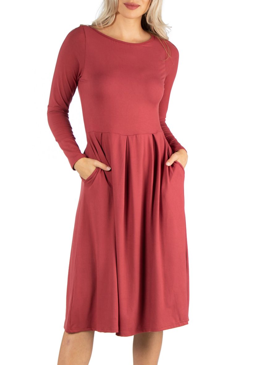 Womens Midi Length Fit-and-Flare Pocket Dress