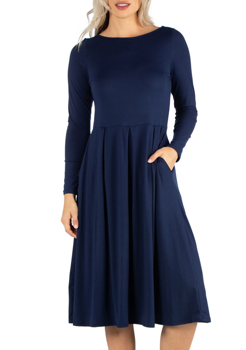 Womens Midi Length Fit-and-Flare Pocket Dress
