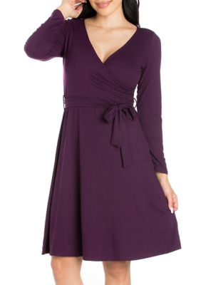 24seven Comfort Apparel Women's Collared V-Neck 3/4 Sleeve Wrap Dress