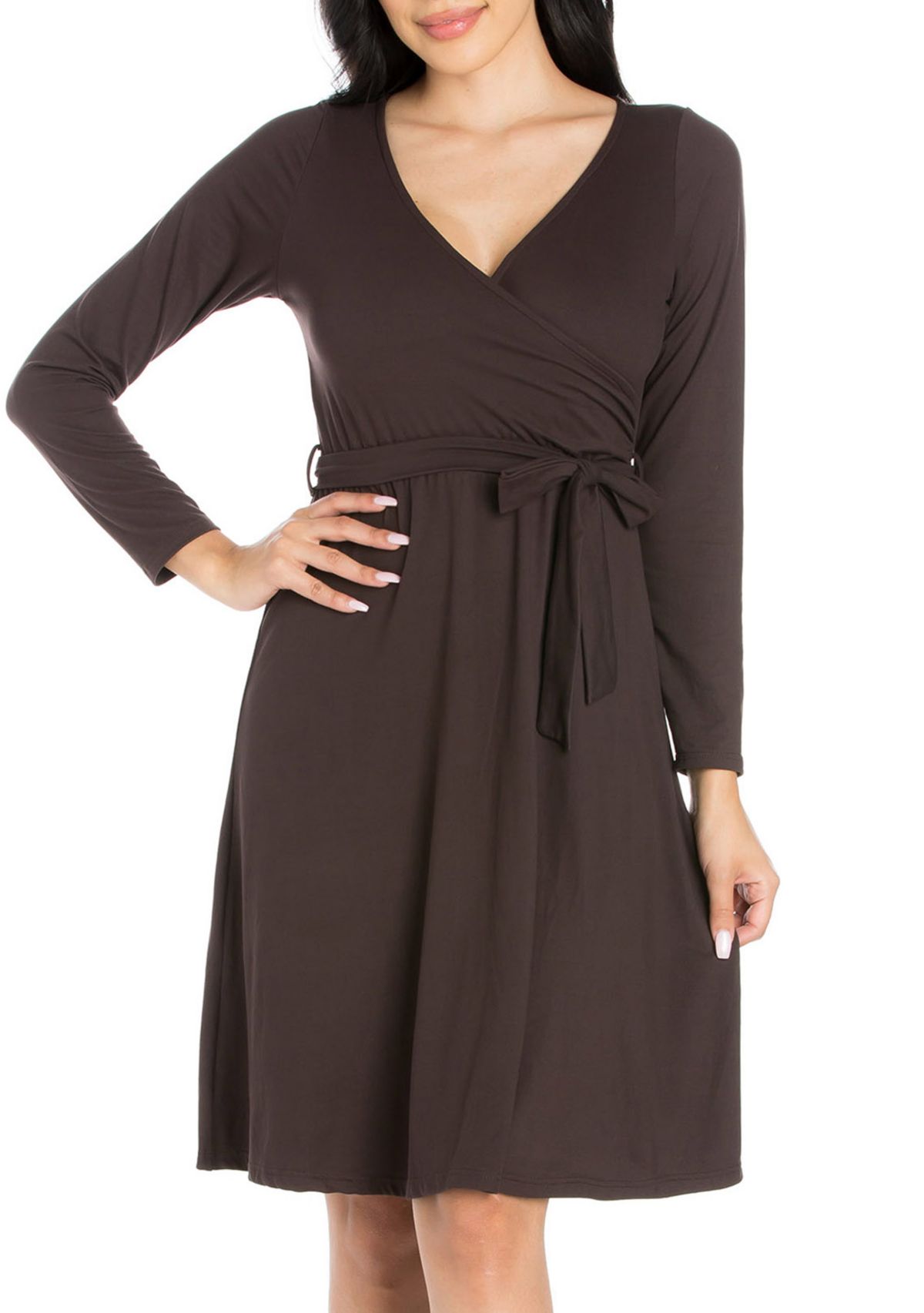Womens Collared V-Neck 3/4 Sleeve Wrap Dress