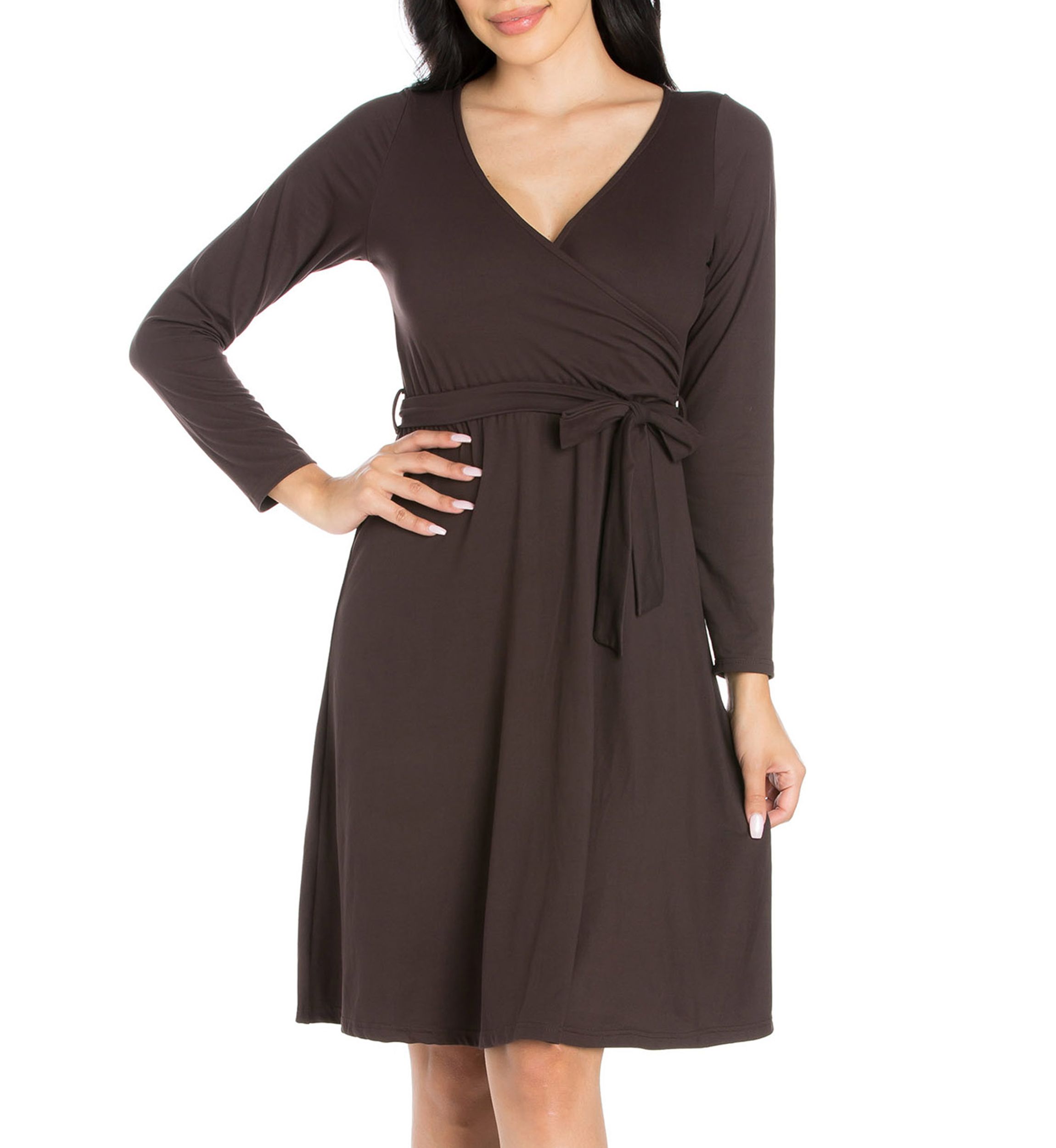 Womens Collared V-Neck 3/4 Sleeve Wrap Dress