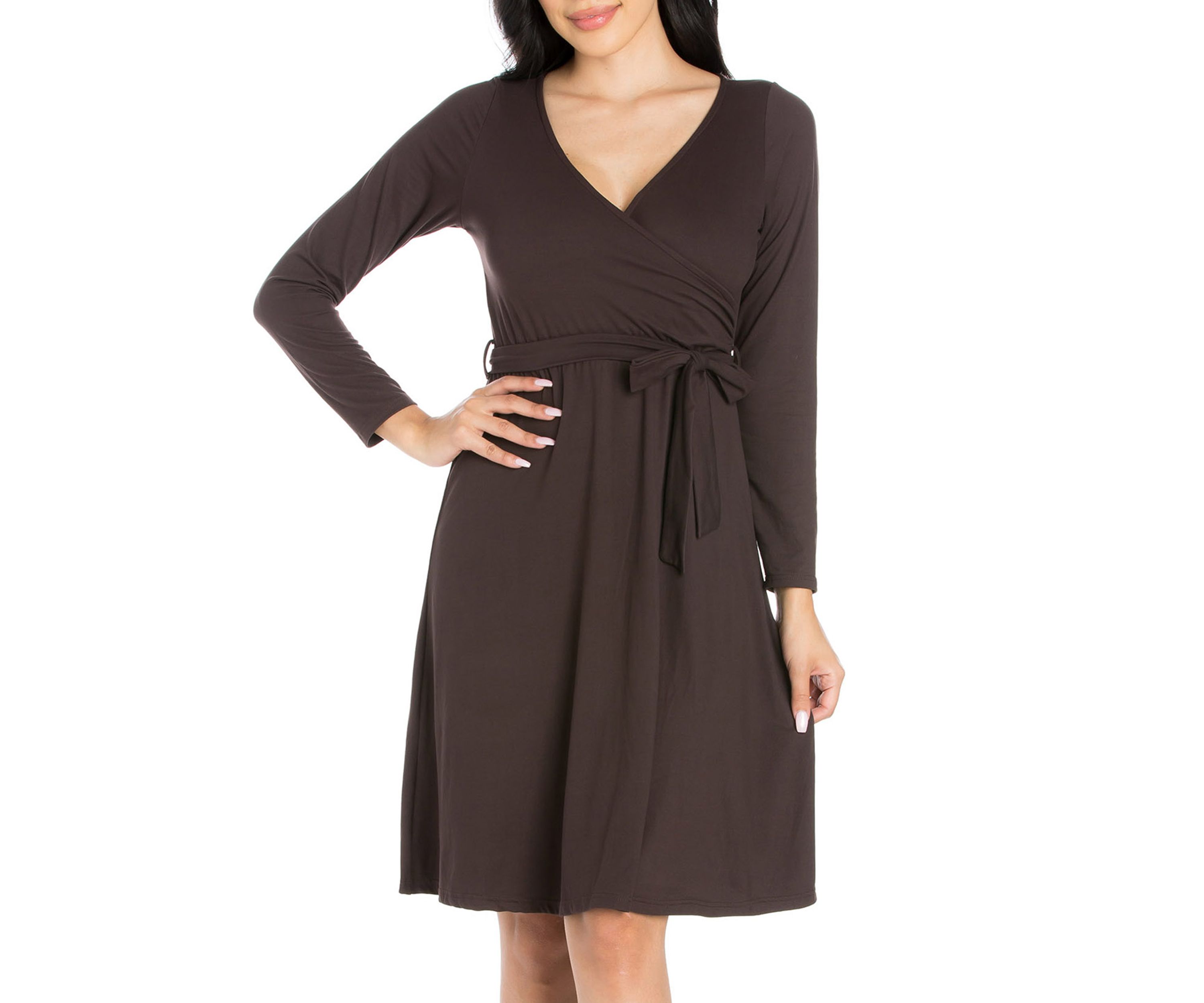 Womens Collared V-Neck 3/4 Sleeve Wrap Dress