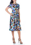 Womens Abstract Short Sleeve Pleated Fit and Flare Midi Dress with Pockets