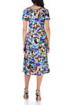 Womens Abstract Short Sleeve Pleated Fit and Flare Midi Dress with Pockets