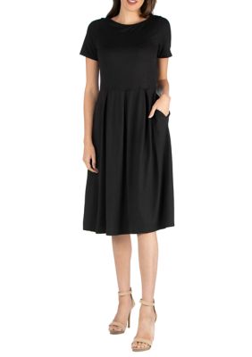 24seven Comfort Apparel Women's Midi Dress with Short Sleeves and Pocket Detail