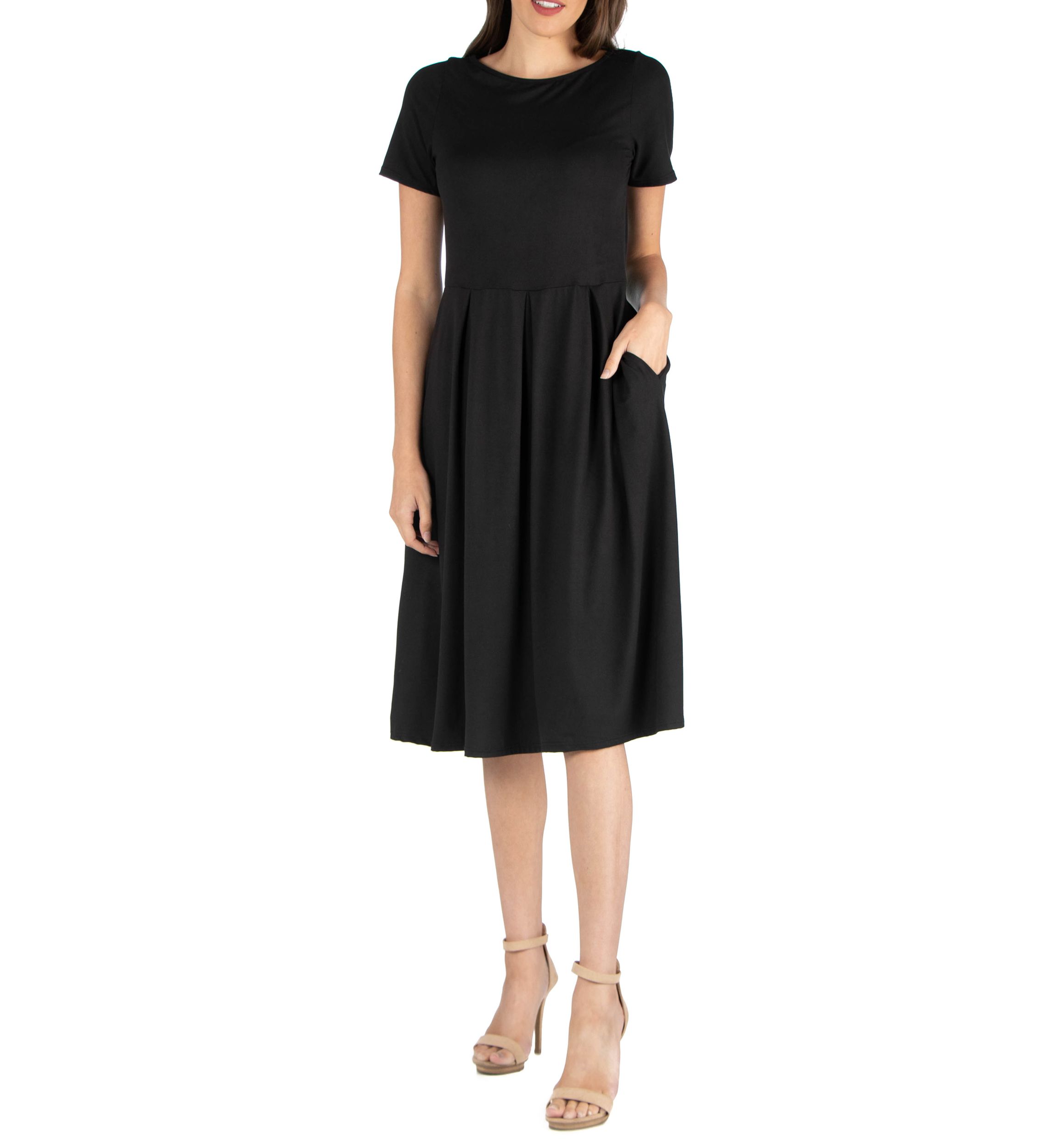 Midi Dress with Short Sleeves and Pocket Detail
