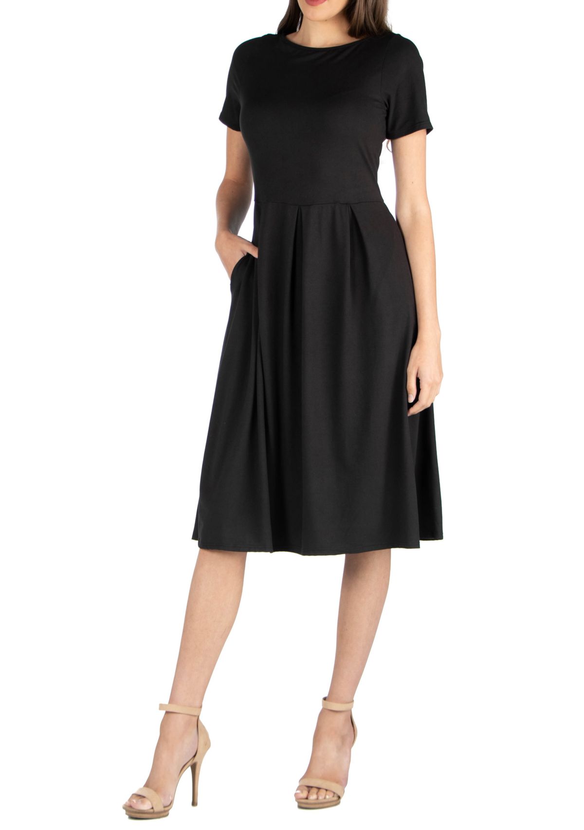 Midi Dress with Short Sleeves and Pocket Detail