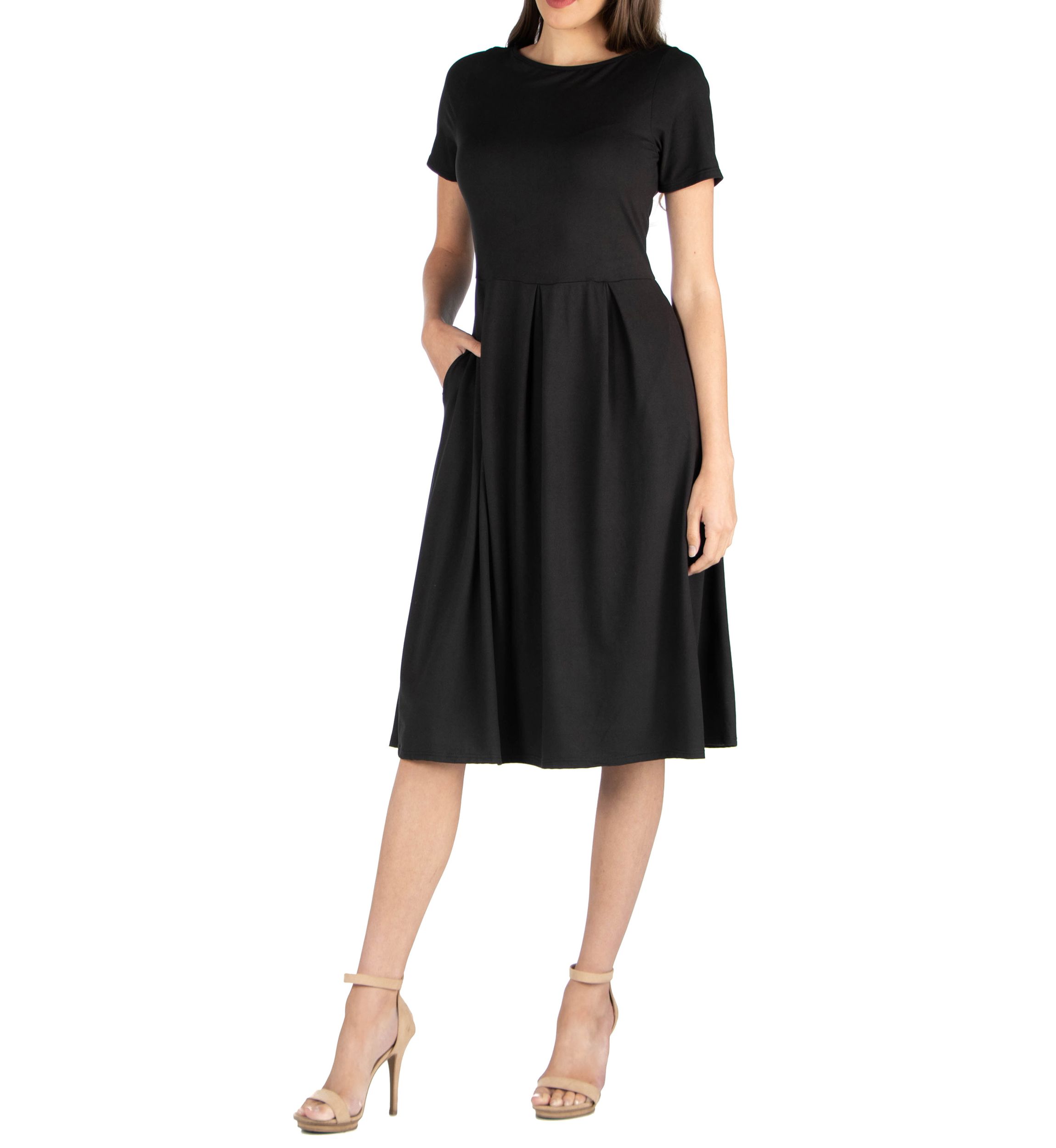 Midi Dress with Short Sleeves and Pocket Detail