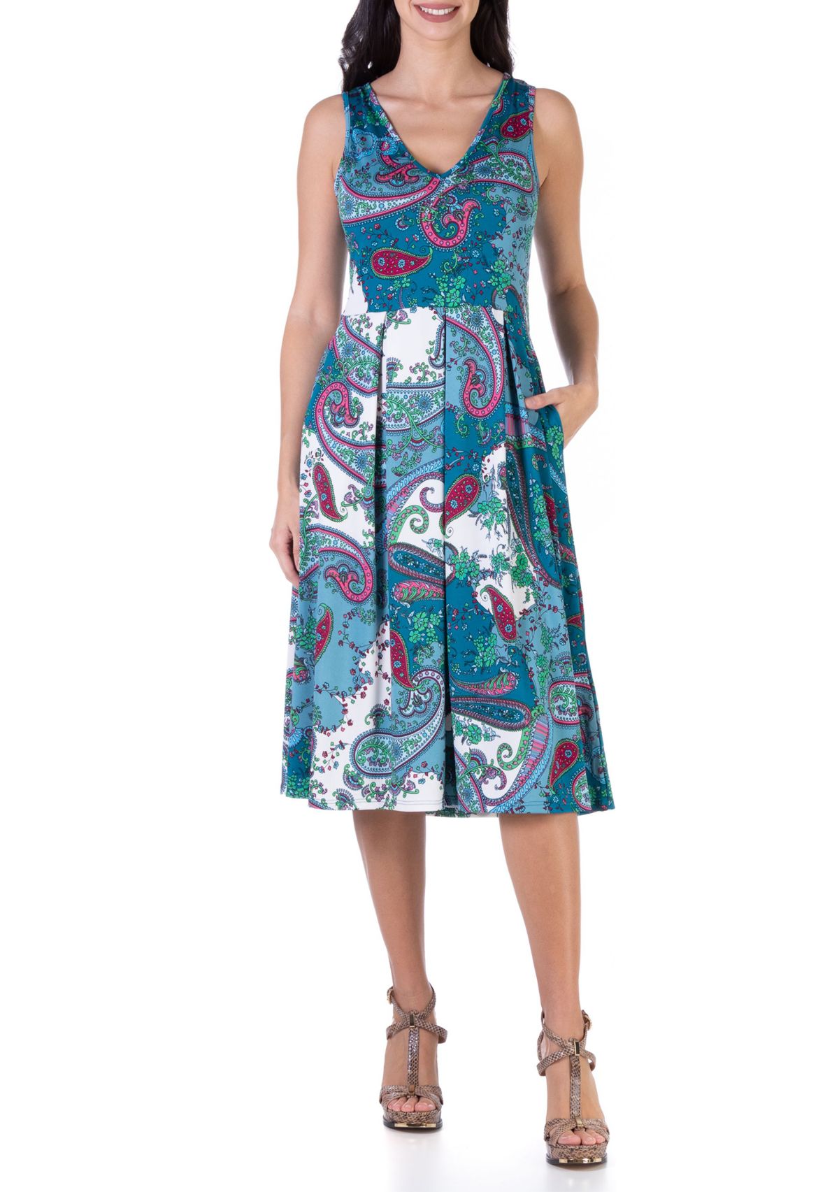 Blue Sleeveless Midi Length Fit and Flare Pocket Dress