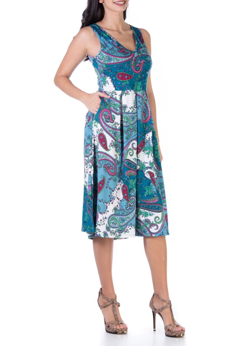 Blue Sleeveless Midi Length Fit and Flare Pocket Dress