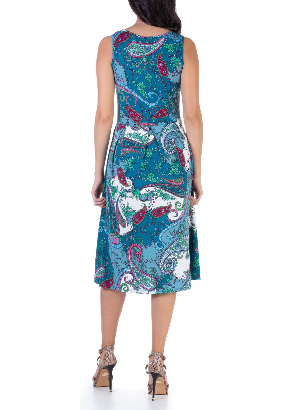 Blue Sleeveless Midi Length Fit and Flare Pocket Dress