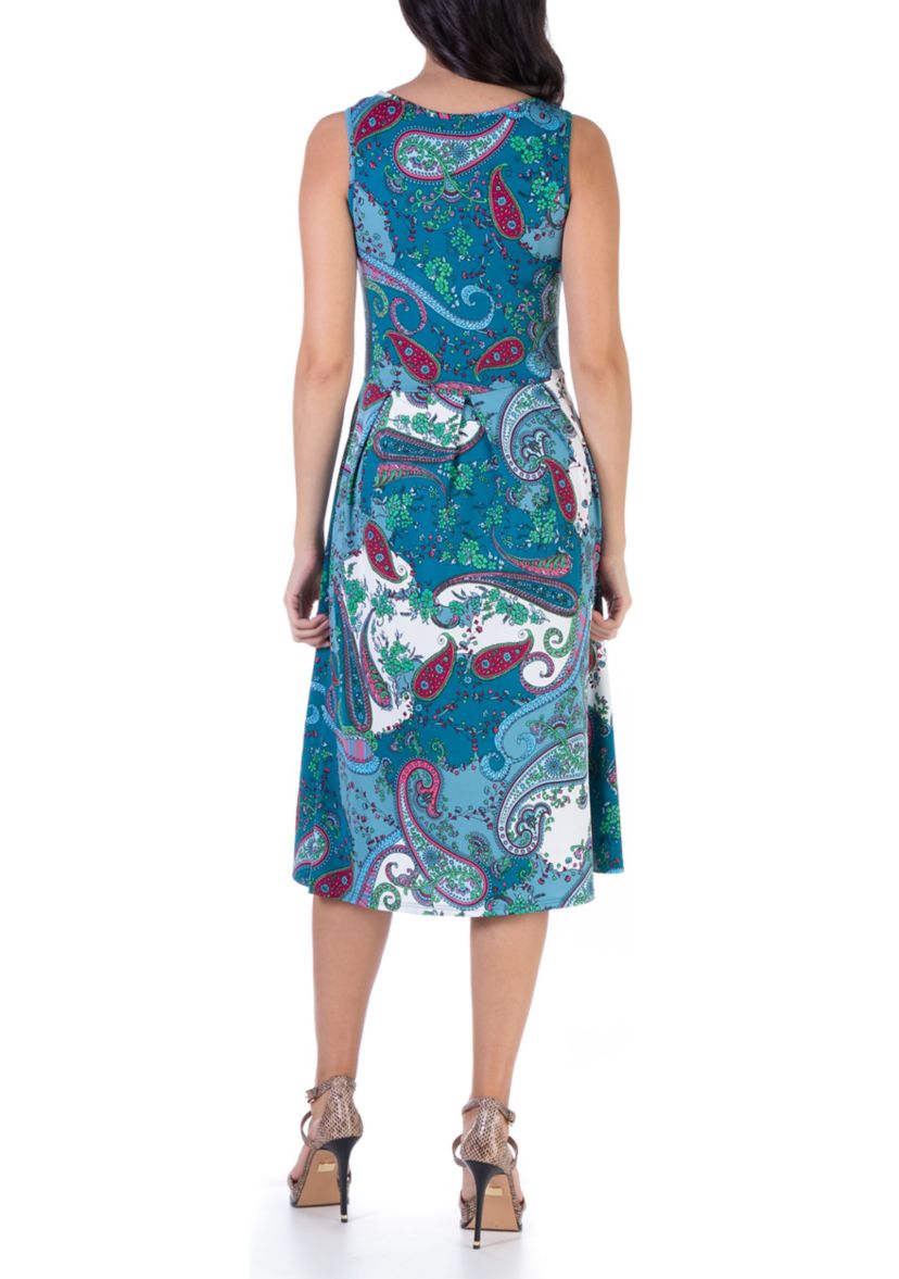 Blue Sleeveless Midi Length Fit and Flare Pocket Dress