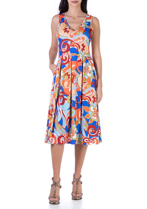 Womens Multi Color Sleeveless Fit and Flare Dress with Pockets