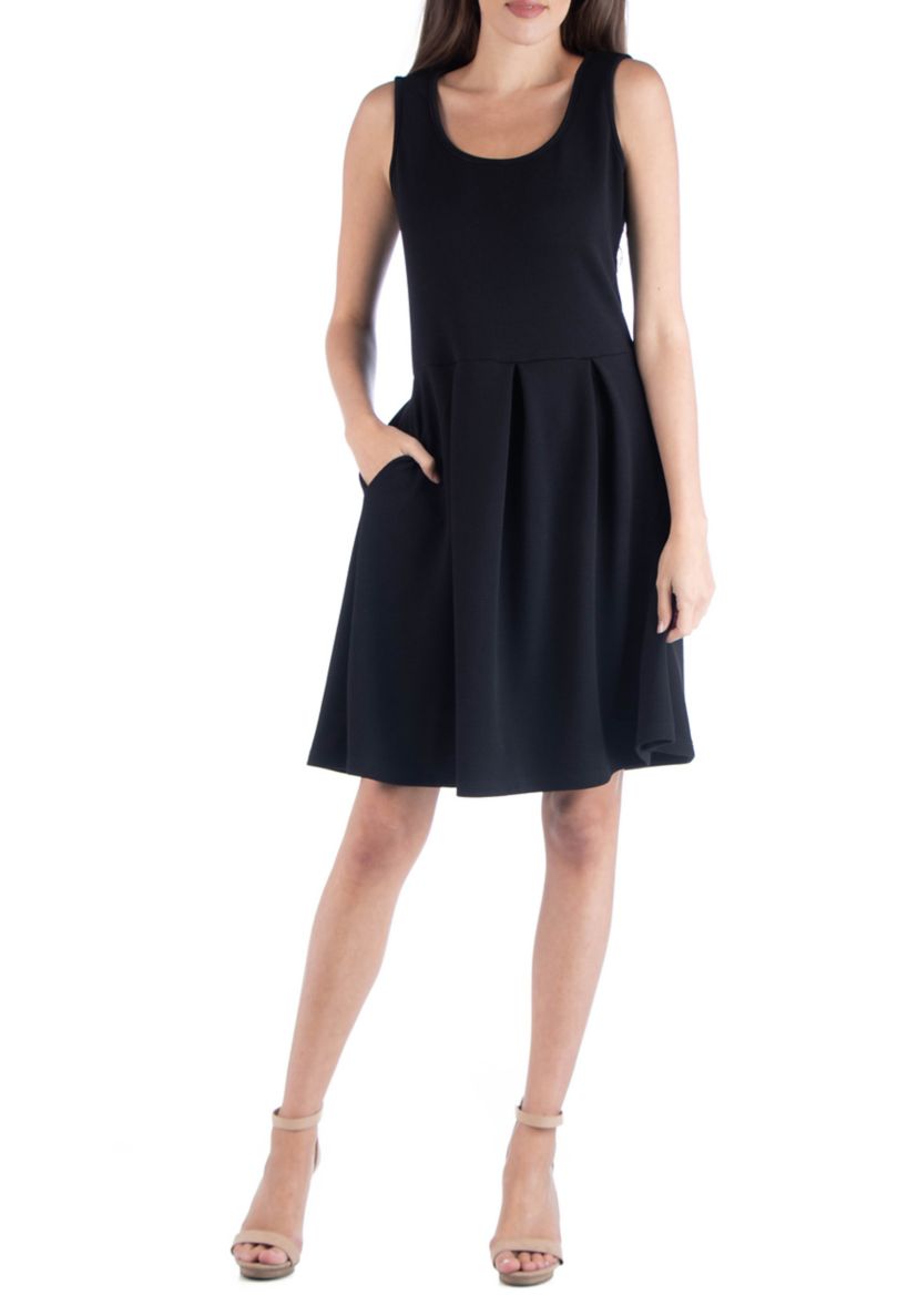 Sleeveless Pleated Skater Dress with Pockets