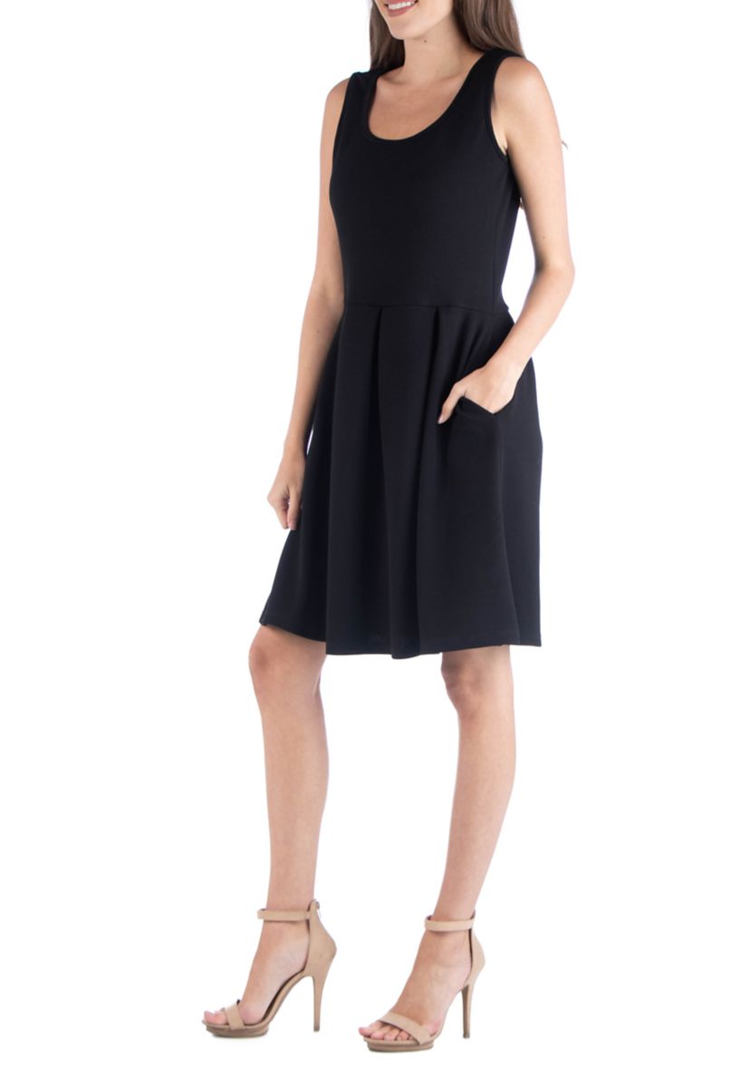 Sleeveless Pleated Skater Dress with Pockets