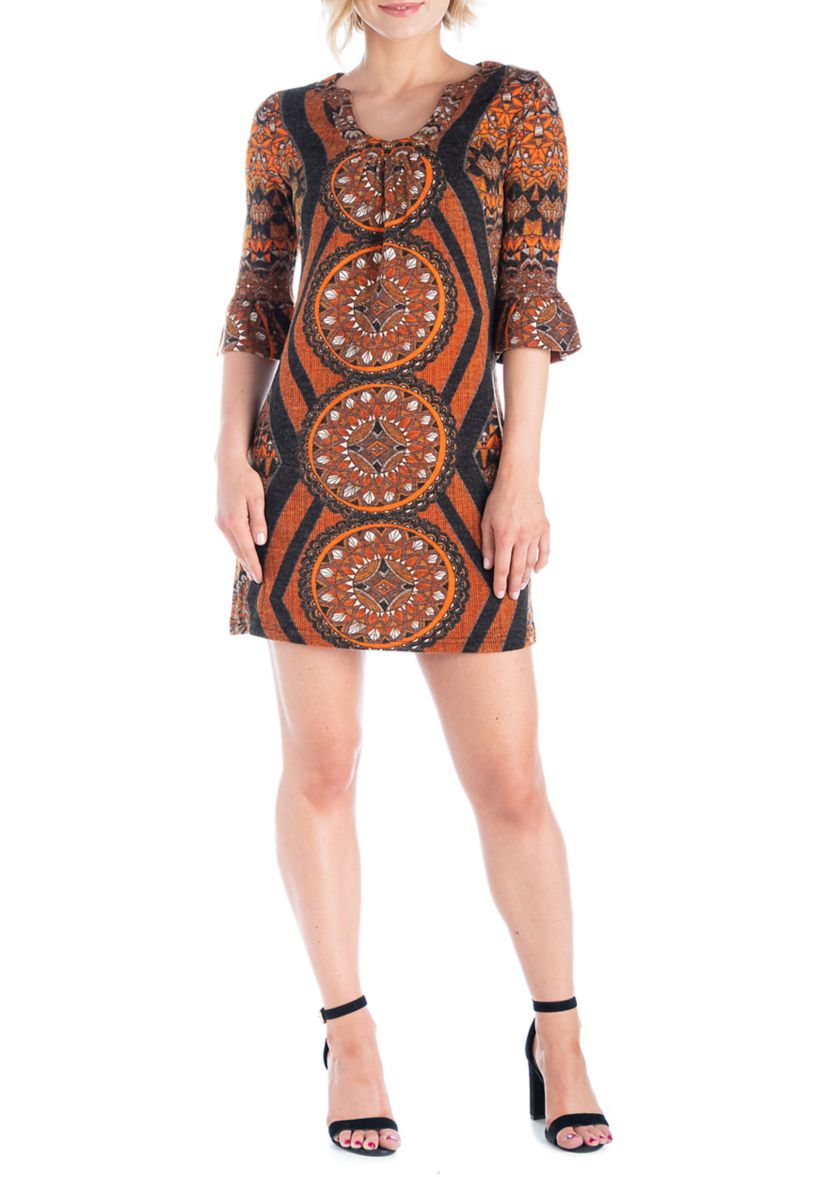 Burnt Orange Print Elbow Sleeve Shift Dress