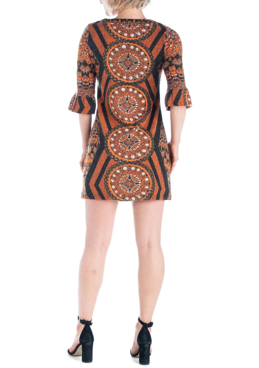 Burnt Orange Print Elbow Sleeve Shift Dress