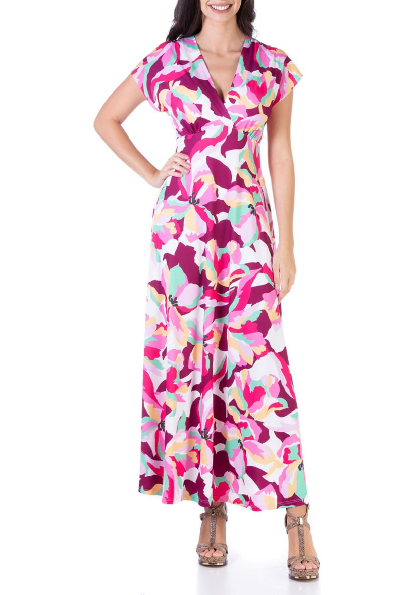 Pink Floral V Neck Cap Sleeve Flowy Empire Waist Maxi Dress