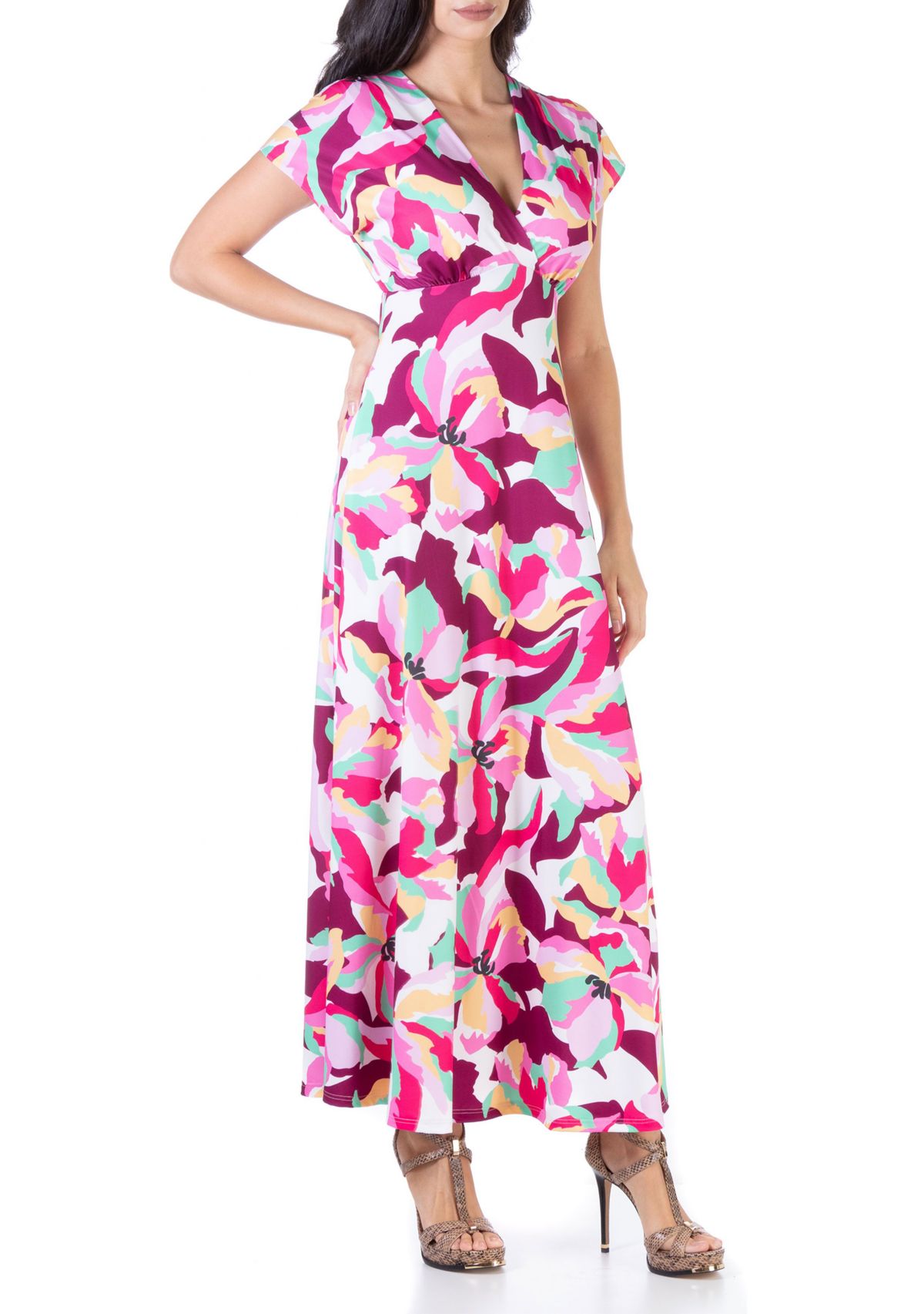 Pink Floral V Neck Cap Sleeve Flowy Empire Waist Maxi Dress