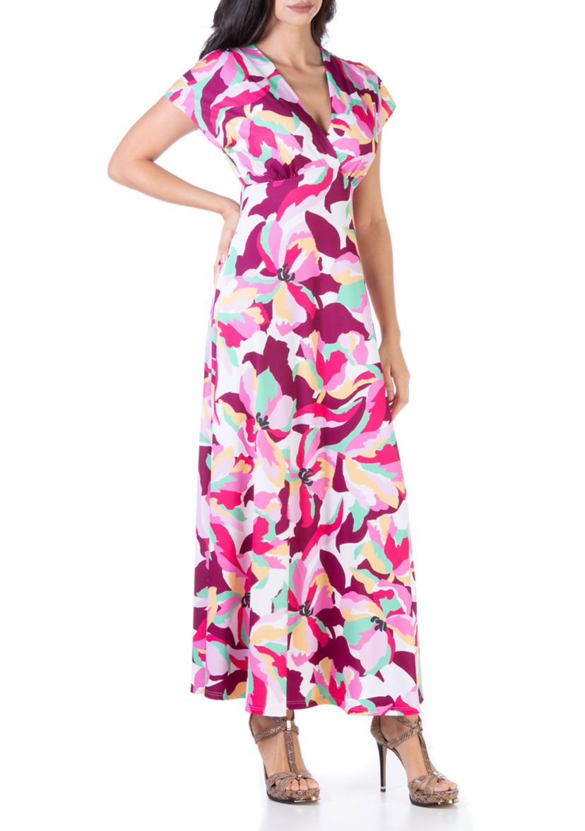 Pink Floral V Neck Cap Sleeve Flowy Empire Waist Maxi Dress