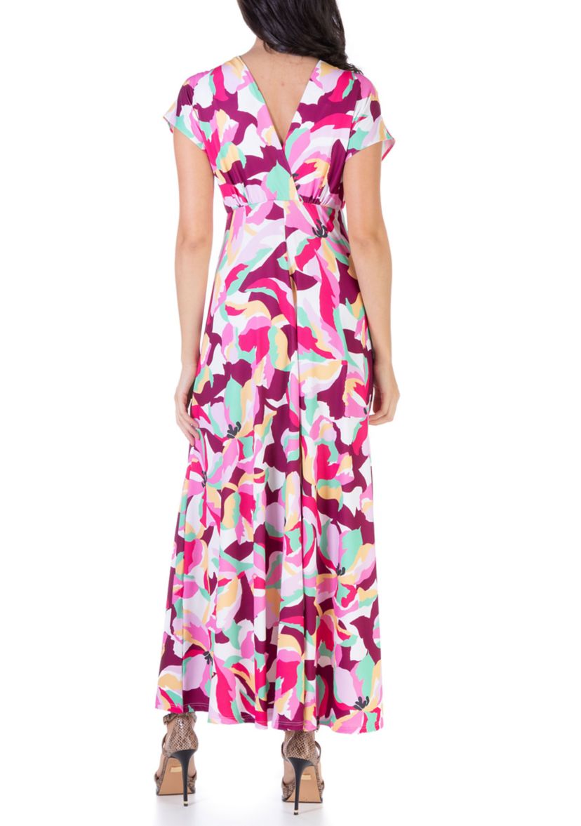 Pink Floral V Neck Cap Sleeve Flowy Empire Waist Maxi Dress