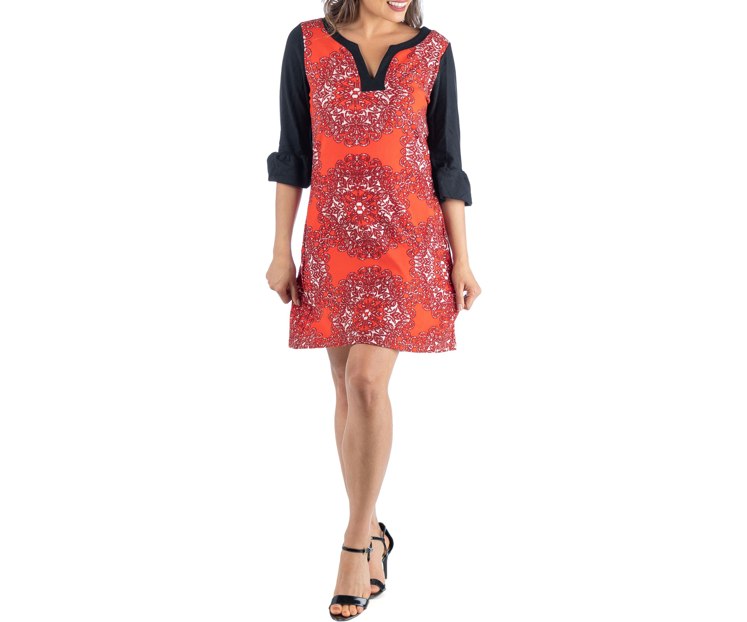 Orange and Black Elbow Sleeve Shift Dress