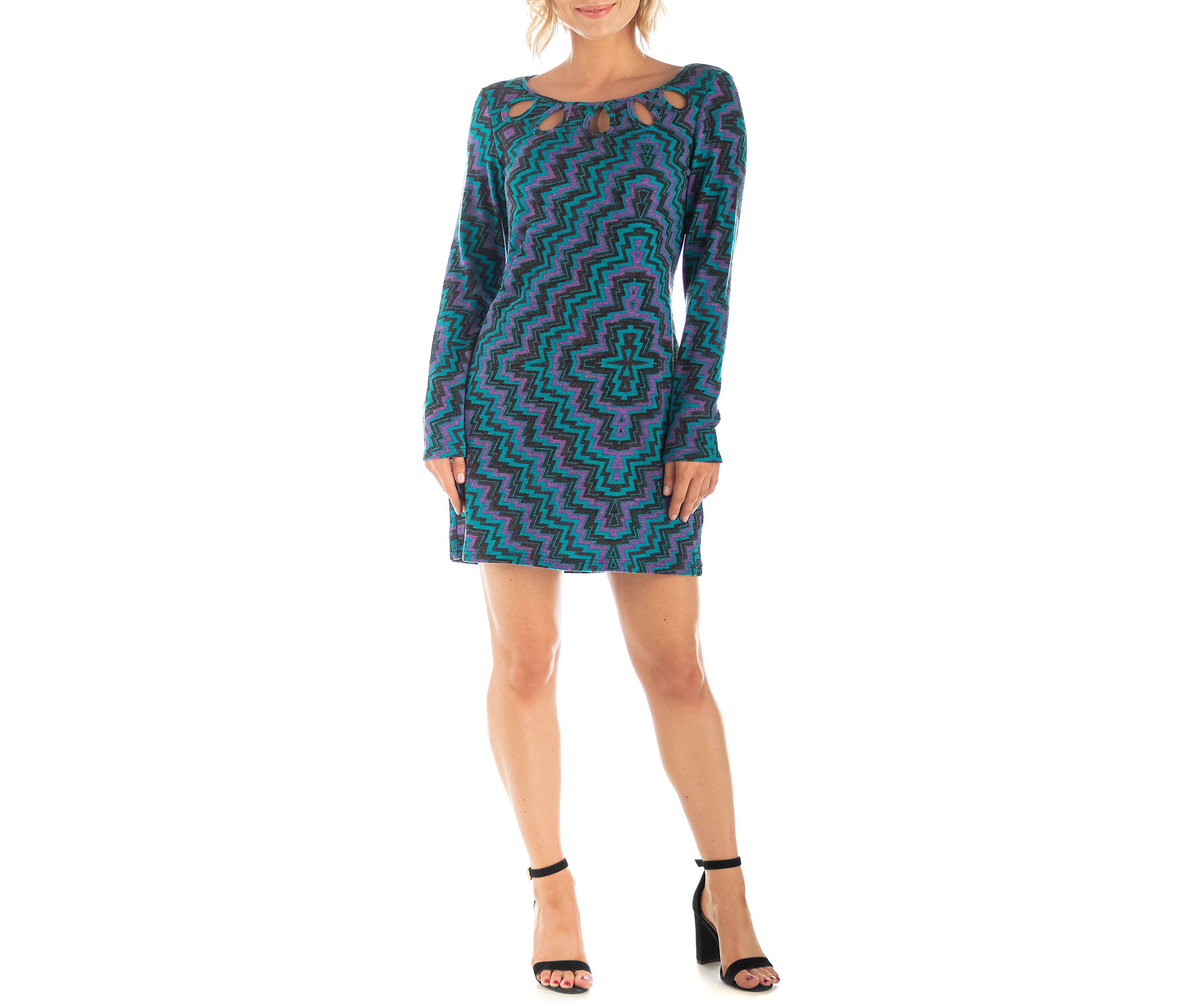 Blue Long Sleeve Keyhole Neckline Mini Dress
