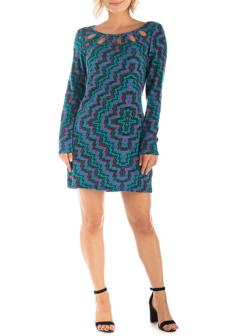 Blue Long Sleeve Keyhole Neckline Mini Dress