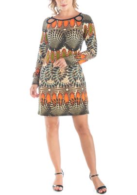 24seven Comfort Apparel Women's Fall Print Long Sleeve Keyhole Fall Dress