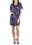 Short Sleeve Purple Print Pocket Shift Dress