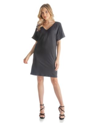 24seven Comfort Apparel Solid Color Loose Fit V Neck T-Shirt Style Womens Knee Length Dress, Navy Blue, 1X