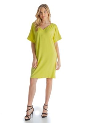 24seven Comfort Apparel Solid Color Loose Fit V Neck T-Shirt Style Womens Knee Length Dress, Coral, 1X