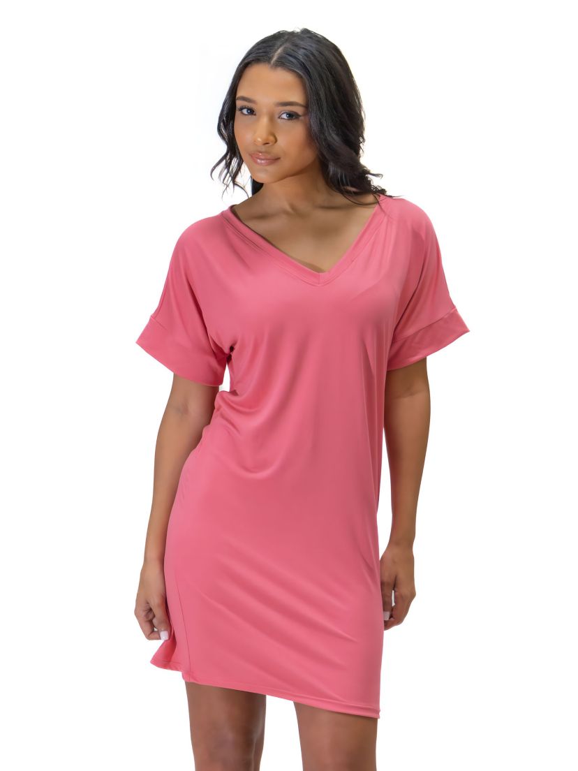 Solid Color Loose Fit V Neck T Shirt Style Womens Knee Length Dress