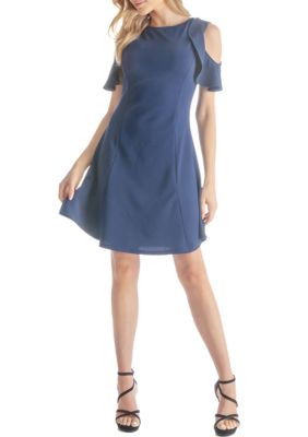 24seven Comfort Apparel Women's Ruffle Cold Shoulder A Line Knee Length Dress