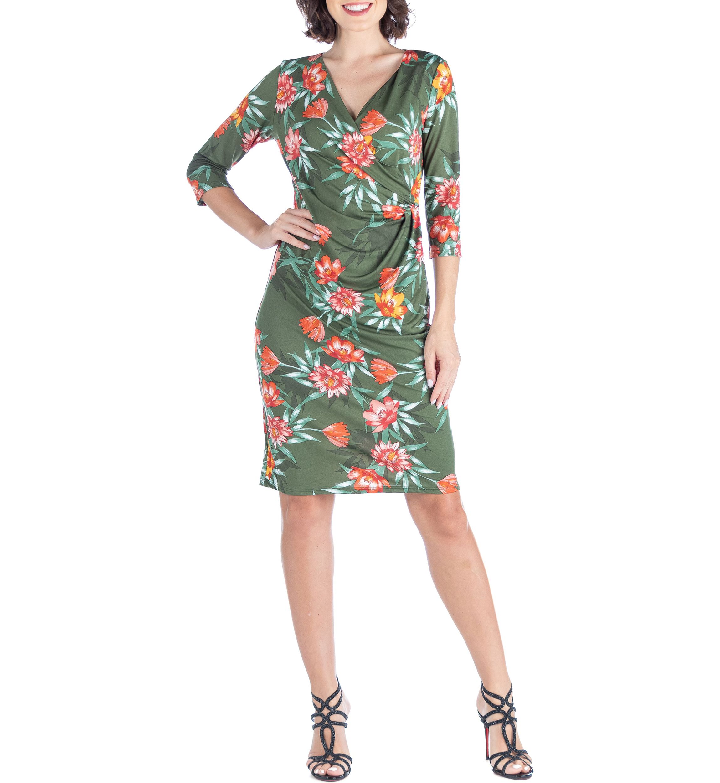 V Neck Green Knee Length Wrap Dress