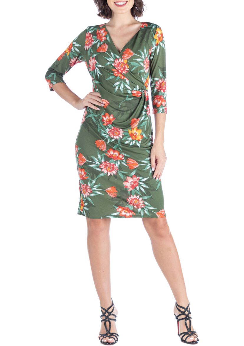 V Neck Green Knee Length Wrap Dress