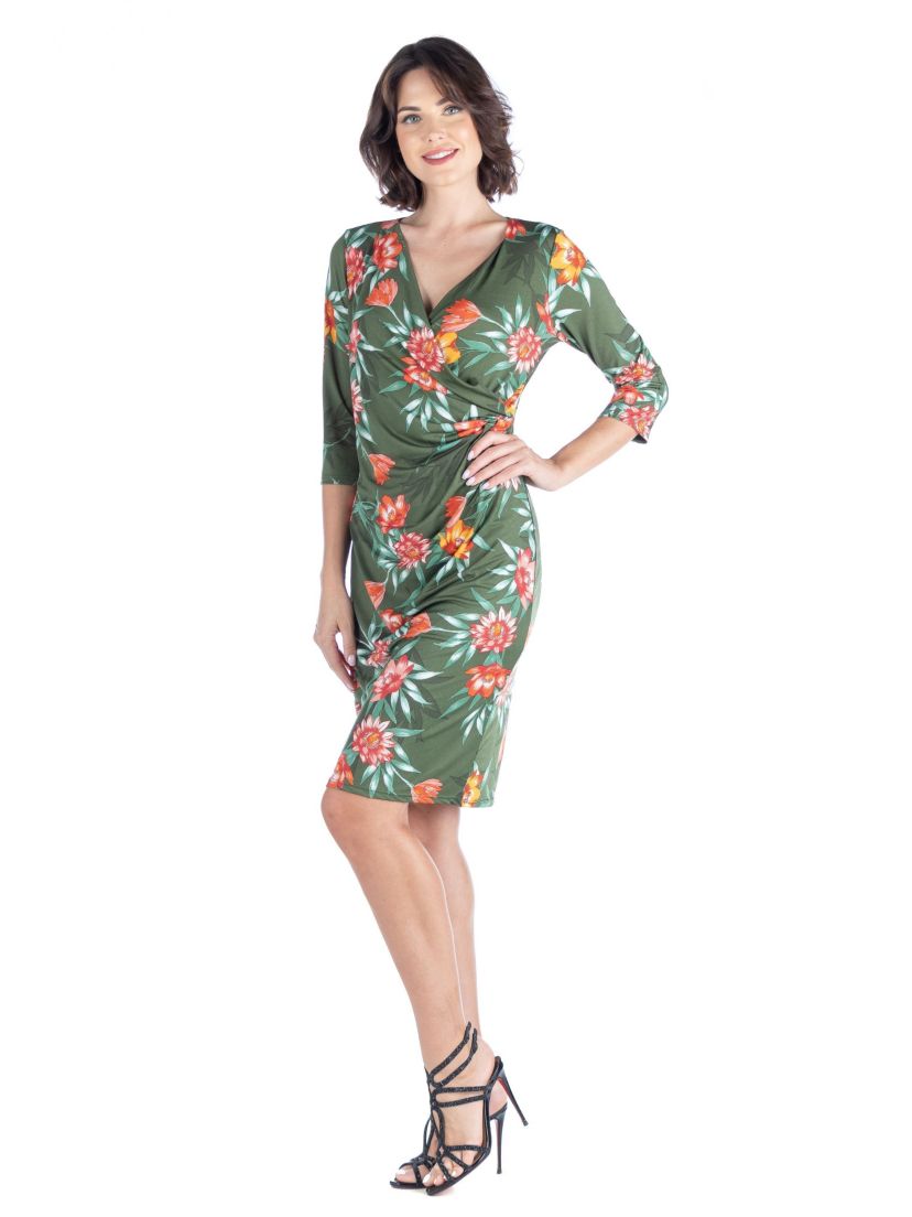 V Neck Green Knee Length Wrap Dress