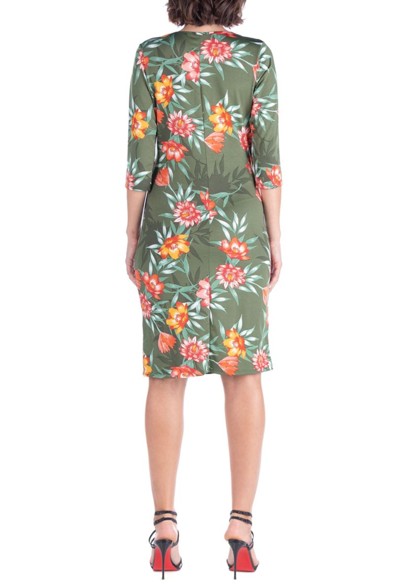 V Neck Green Knee Length Wrap Dress