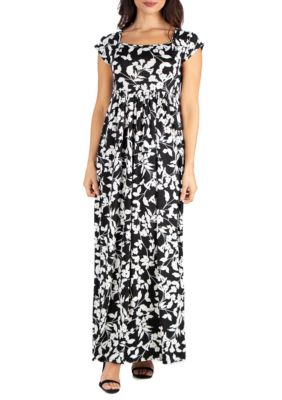 24seven Comfort Apparel Floral Cap Sleeve Empire Waist Maxi Dress | belk