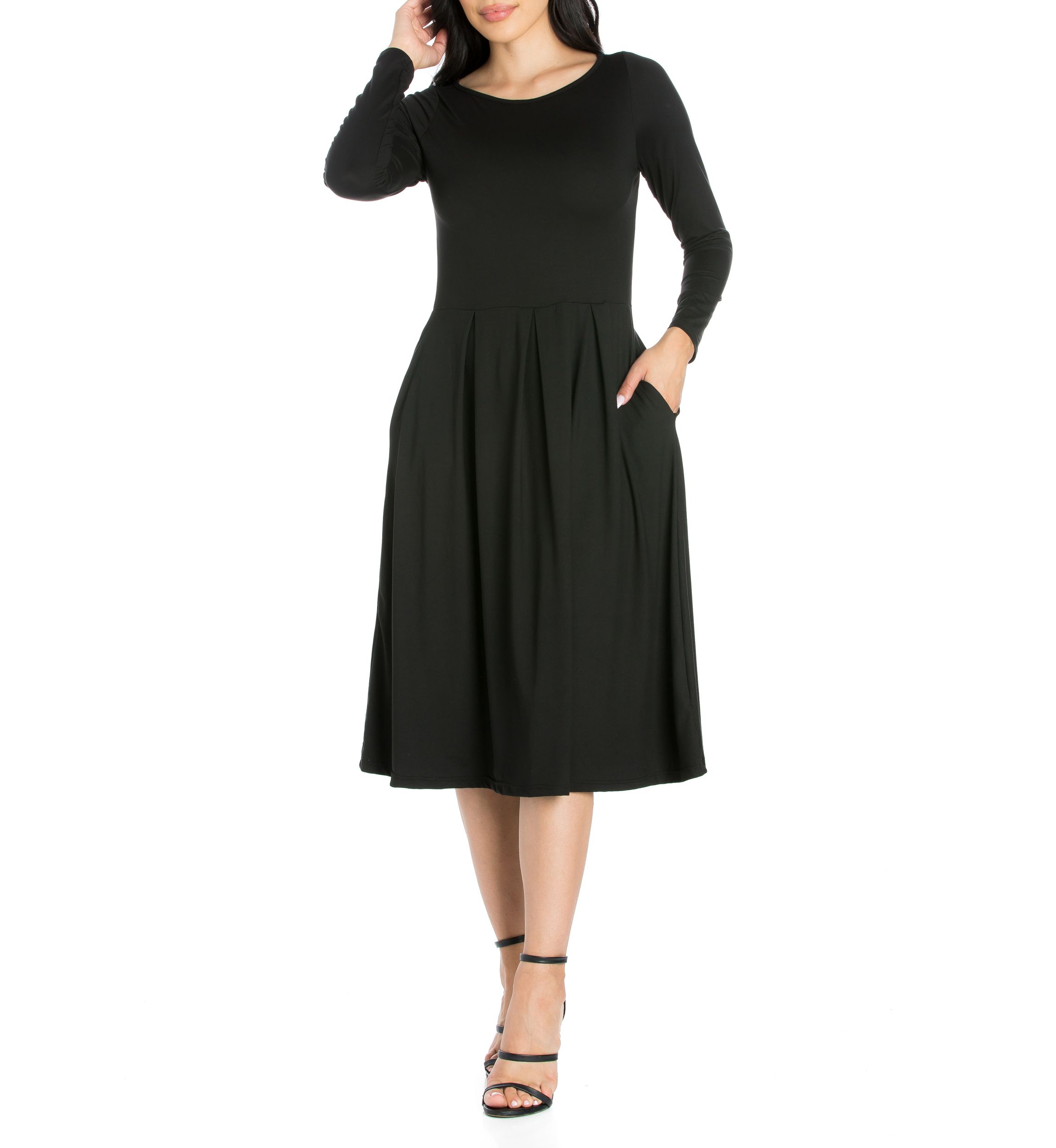 Womens Long Sleeve Fit and Flare Midi Dress