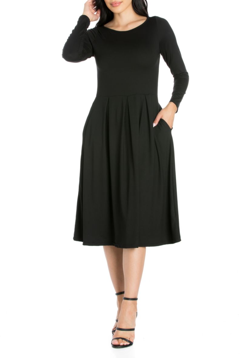 Womens Long Sleeve Fit and Flare Midi Dress