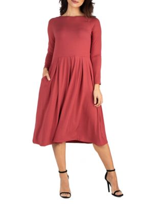 24seven Comfort Apparel Women's Long Sleeve Fit and Flare Midi Dress, Medium