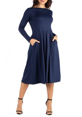 24seven Comfort Apparel Women's Long Sleeve Fit and Flare Midi Dress, Navy Blue, 1X