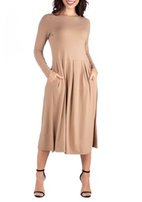 24seven Comfort Apparel Women's Long Sleeve Fit and Flare Midi Dress, Medium