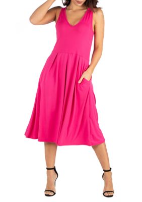 24seven Comfort Apparel Women's Sleeveless Midi Fit and Flare Pocket Dress, Pink, Medium