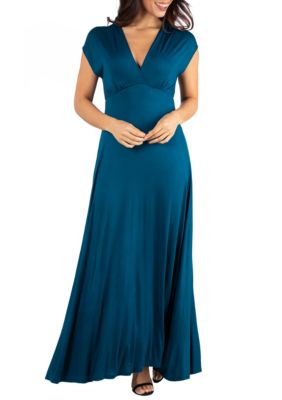 24seven Comfort Apparel Women's Empire Waist V Neck Maxi Dress, Teal, XL