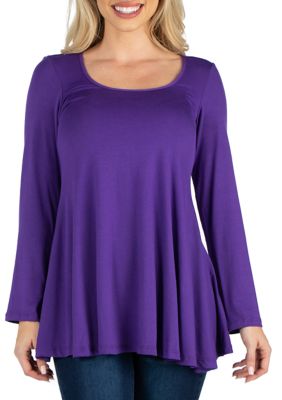 24seven Comfort Apparel Women's Long Sleeve Solid Color Swing Style Flared Tunic Top